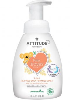 Erittäin lempeä, luonnollinen ja päärynäntuoksuinen Attitude Baby leaves Hair & Bodywash puhdistusvaahto on suunniteltu vauvoille. Rikastettu mustikanlehtiuutteella, joka pitää ihon terveenä. Mieto päärynänektariinin tuoksu.
