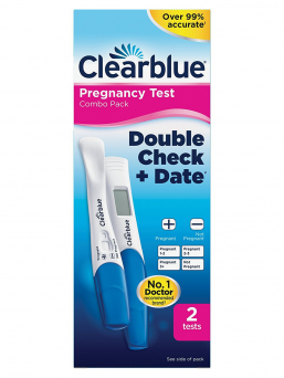 Clearblue tuplaraskaustestipaketti, joka sisältää Clearblue digitaalisen raskaustestin viikkonäytöllä sekä Clearblue PLUS raskaustestipuikon. Loistava testipaketti kuukautiskierron päätteeksi.