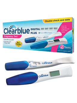 Clearblue tuplaraskaustestipaketti, joka sisältää Clearblue digitaalisen raskaustestin viikkonäytöllä sekä Clearblue PLUS raskaustestipuikon. Loistava testipaketti kuukautiskierron päätteeksi.