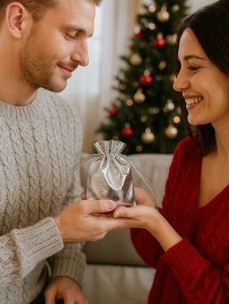 Hopeinen lahjapussi korulle