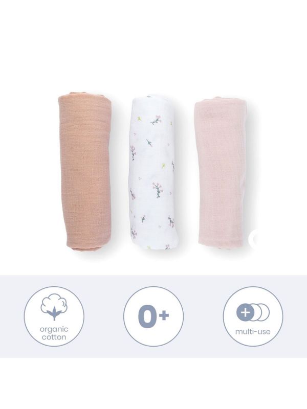 Luomupuuvillainen harso 3-Pack, flower pink | DOOMOO