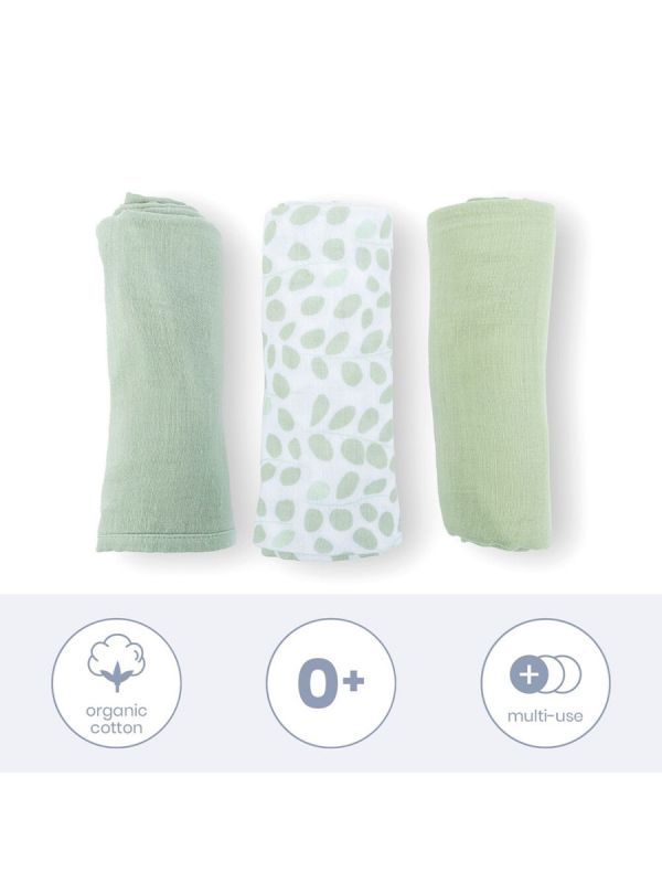Luomupuuvillainen harso 3-Pack, leaves green | DOOMOO