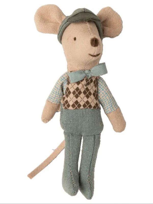 Maileg kilpa-ajaja hiiri ja keltainen kilpa-auto – leikkisetti autotallilla