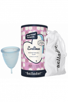 Belladot Evelina kuukautiskuppi, joka kerää kuukautisnesteen. Voit huoletta käyttää Belladot Evelinaa nukkuessasi, kuntoillessasi, uidessasi tai matkustaessasi. Kuukautiskuppi on helppokäyttöinen ja hajuton.