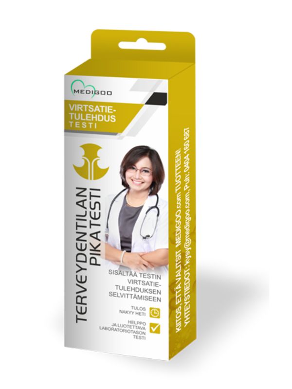  Medigoo Virtsatietulehdustestillä selvität virtsanäytteestä helposti ja nopeasti onko sinulla virtsatietulehdus. Tätä testiä ei tarvitse viedä laboratorioon analysoitavaksi – tuloksen näet kahdessa minuutissa!