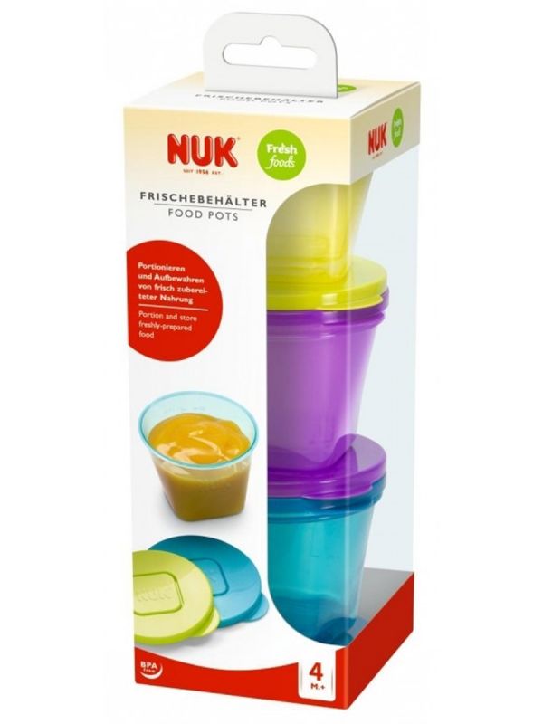 NUK Fresh Foods soseidensäilytyspurkit ovat ihanteellisia kotitekoisten soseiden kanssa. Ne on helppo täyttää ja säilytää jääkaapissa tai pakastimessa.