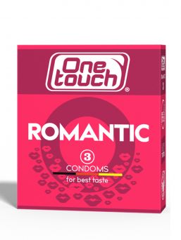 One touch ROMANTIC -makukondomi. Kondomien sisältämän liukuvoiteen romanttinen mansikan maku nostaa tunnelmaa ja lisää jännitystä.