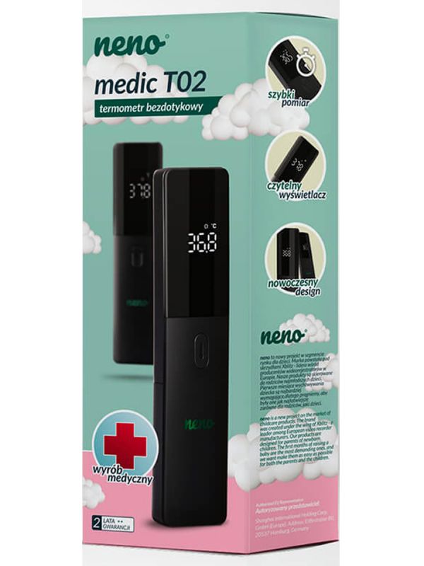 Moderni NENO kosketukseton kuumemittari Ir Medic T02, jossa vain yksi painike. Kuumemittarin näyttö on helppolukuinen ja laite on hyvin kevyt.