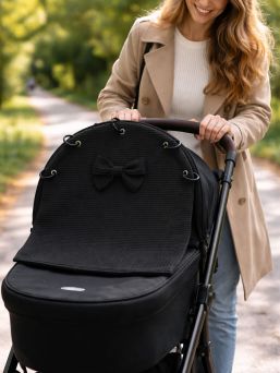 Vaunuverho vohvelikankaalla ja rusetilla, musta