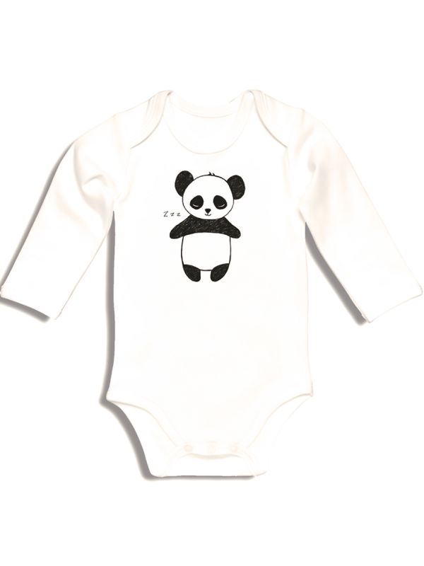 Pehmeä ja mukavantuntuinen Kurtis Baby Peace vauvan pitkähihainen body Panda kuviolla.
